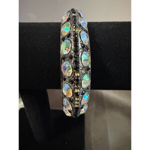 Vintage AB Rhinestone Hinged Bangle Bracelet Gunmetal Y2K Glam